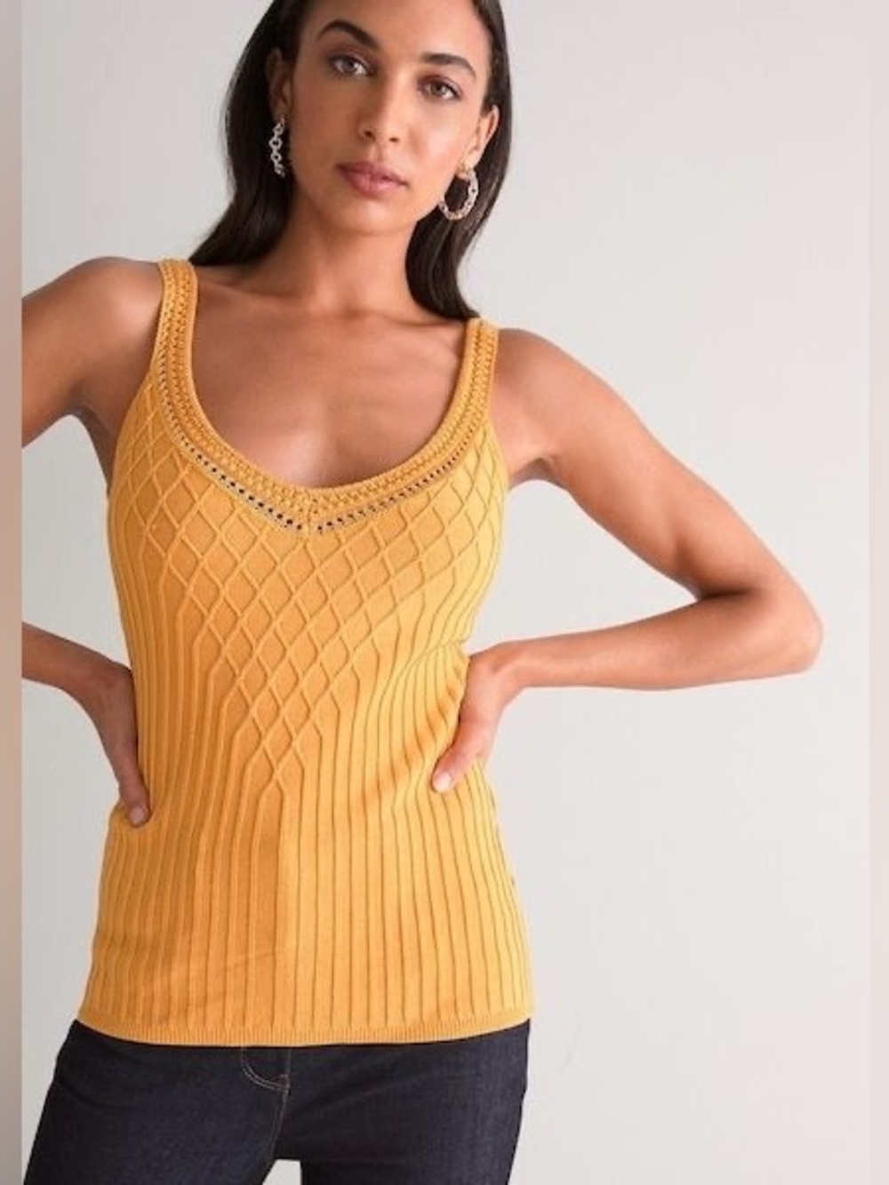 White House Black Market Women's Gold V-Neck Blouse Knit Detail Top
Size Small